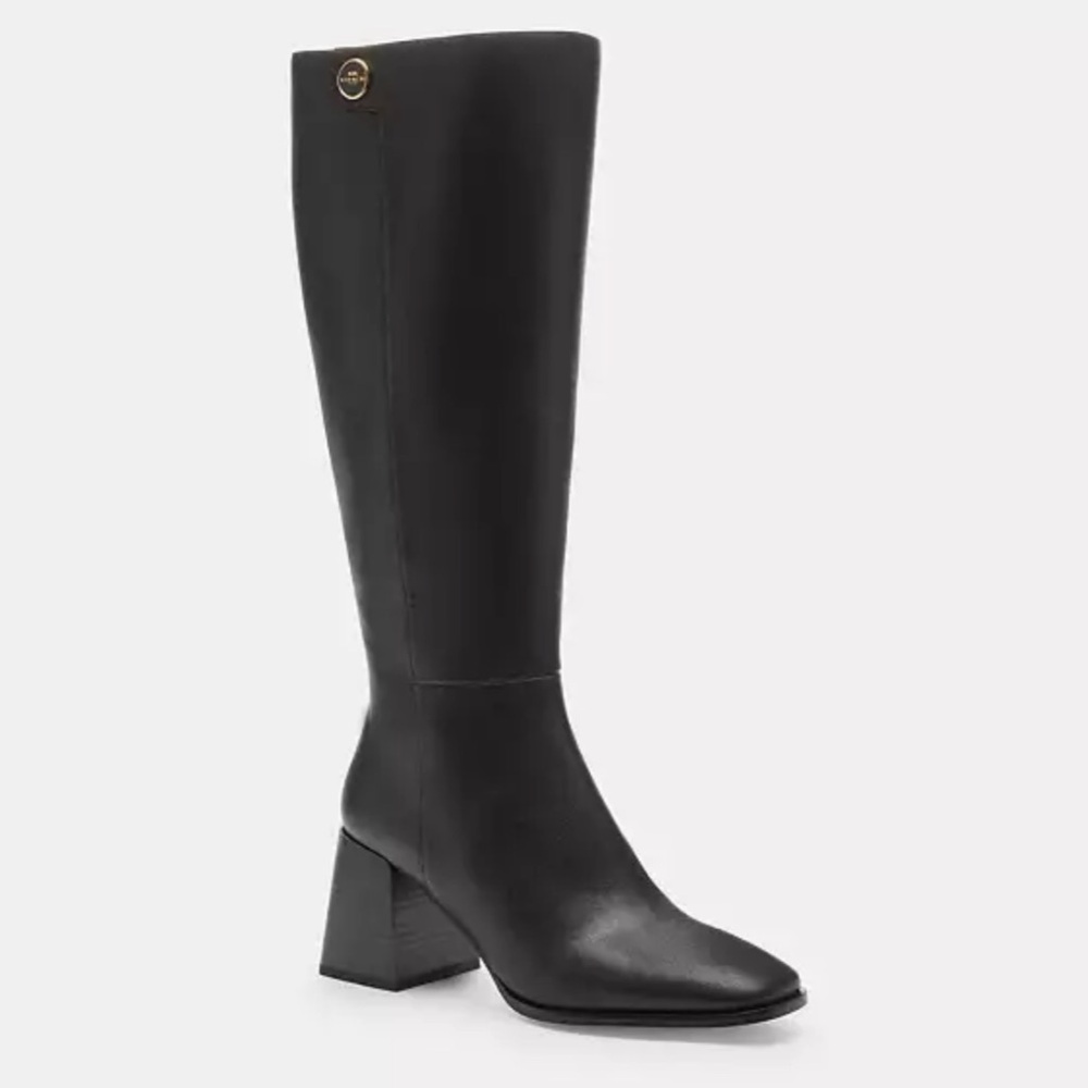 Coach Shay Block Heel Women's Black Leather Knee-High Boots